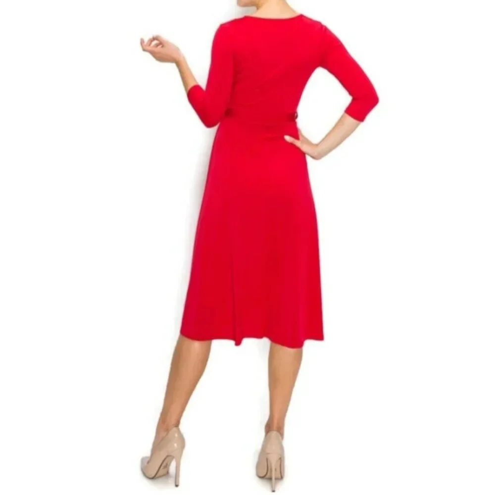 Janette Fashion Red Solid Faux Wrap Knee Length Dress - Picture 2 of 3